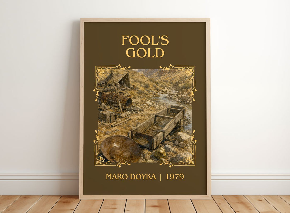Fool's Gold Classic Book Art Print by Máro Doýka – framed print leaning on a wooden floor