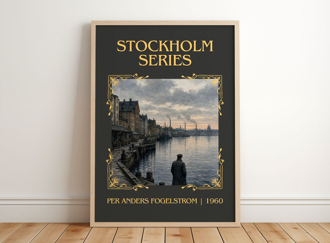 Stockholm series Classic Book Art Print by Per Anders Fogelström – framed print leaning on a wooden floor