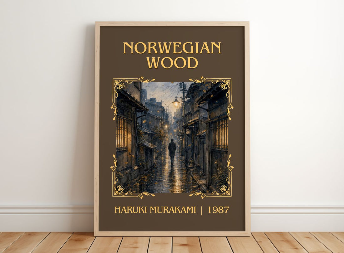 Norwegian Wood Classic Book Art Print by Haruki Murakami – framed print leaning on a wooden floor