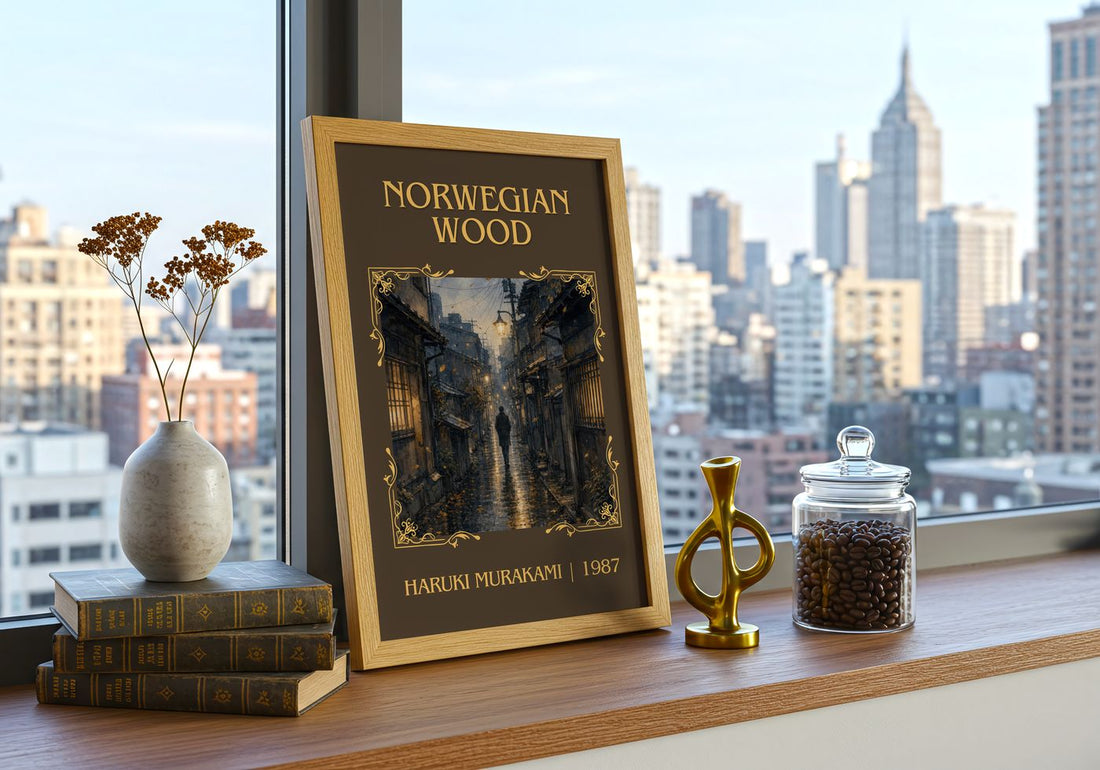 Norwegian Wood Classic Book Art Print by Haruki Murakami – framed print on a city-view windowsill
