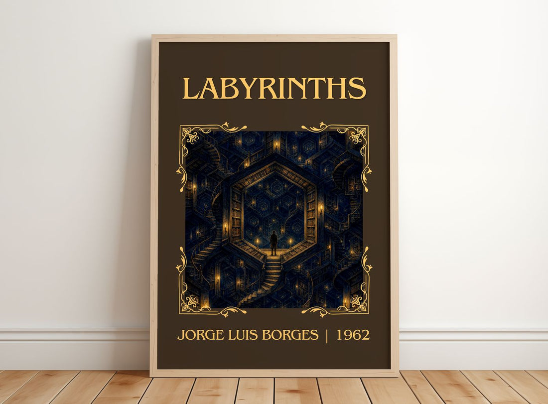 Labyrinths Classic Book Art Print by Jorge Luis Borges – framed print leaning on a wooden floor