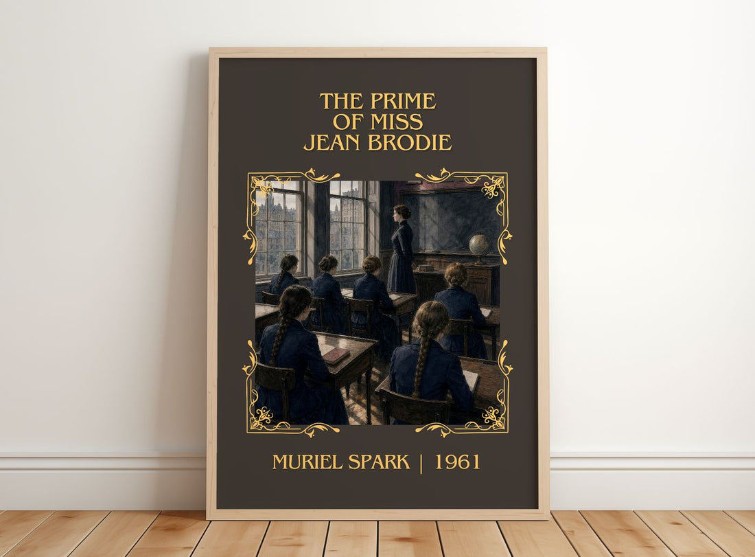 The Prime of Miss Jean Brodie Classic Book Art Print by Muriel Spark – framed print leaning on a wooden floor