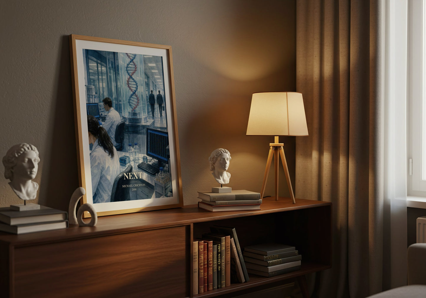 Next watercolour print on bookshelf – Michael Crichton fan gift