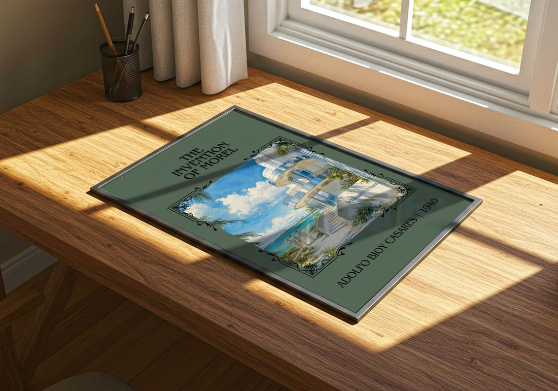 The Invention Of Morel Classic Book Art Print by Adolfo Bioy Casares – print on a sunlit desk