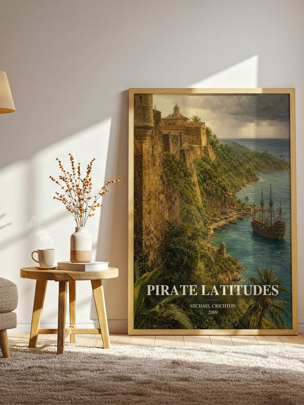 Pirate Latitudes watercolour print in frame leaning in hallway – historical fiction wall art