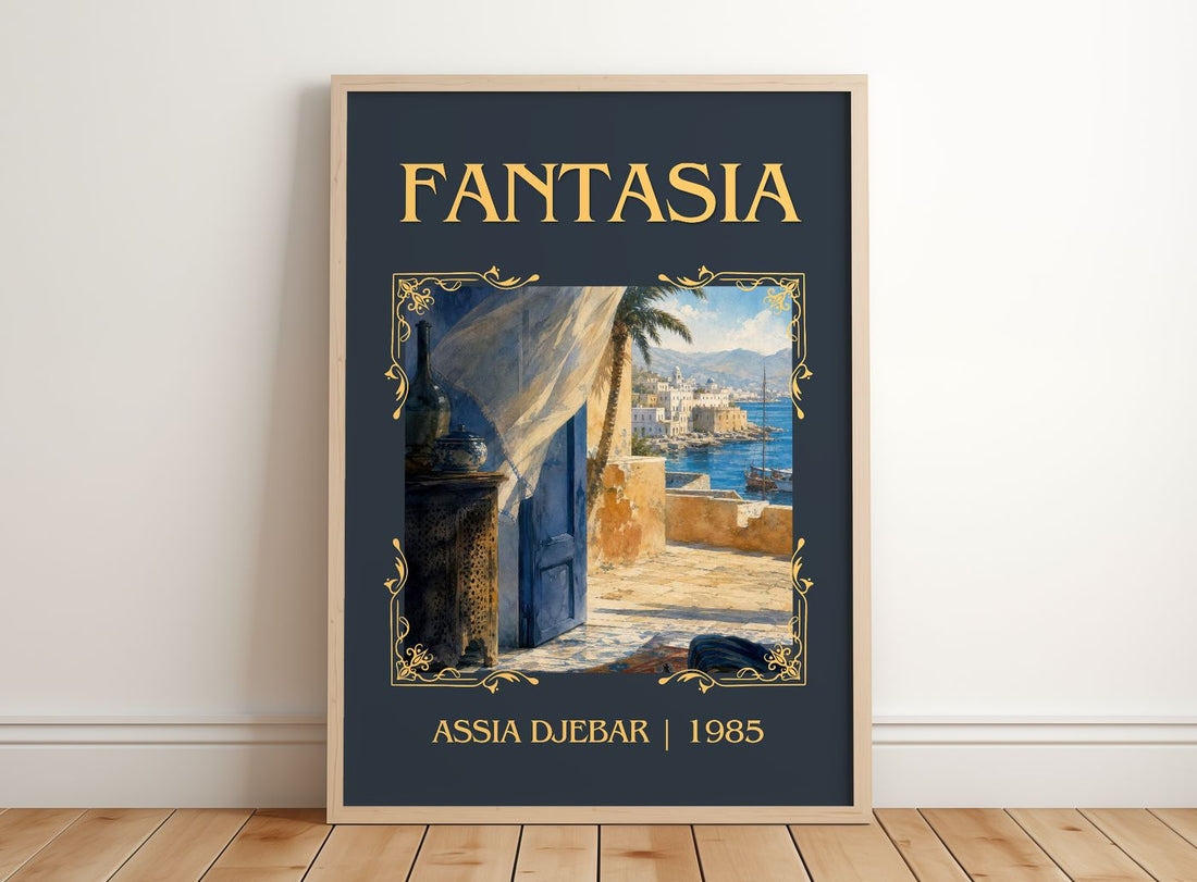 Fantasia Classic Book Art Print by Assia Djebar – framed print leaning on a wooden floor