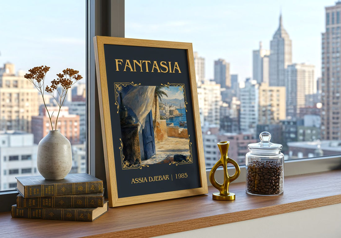 Fantasia Classic Book Art Print by Assia Djebar – framed print on a city-view windowsill