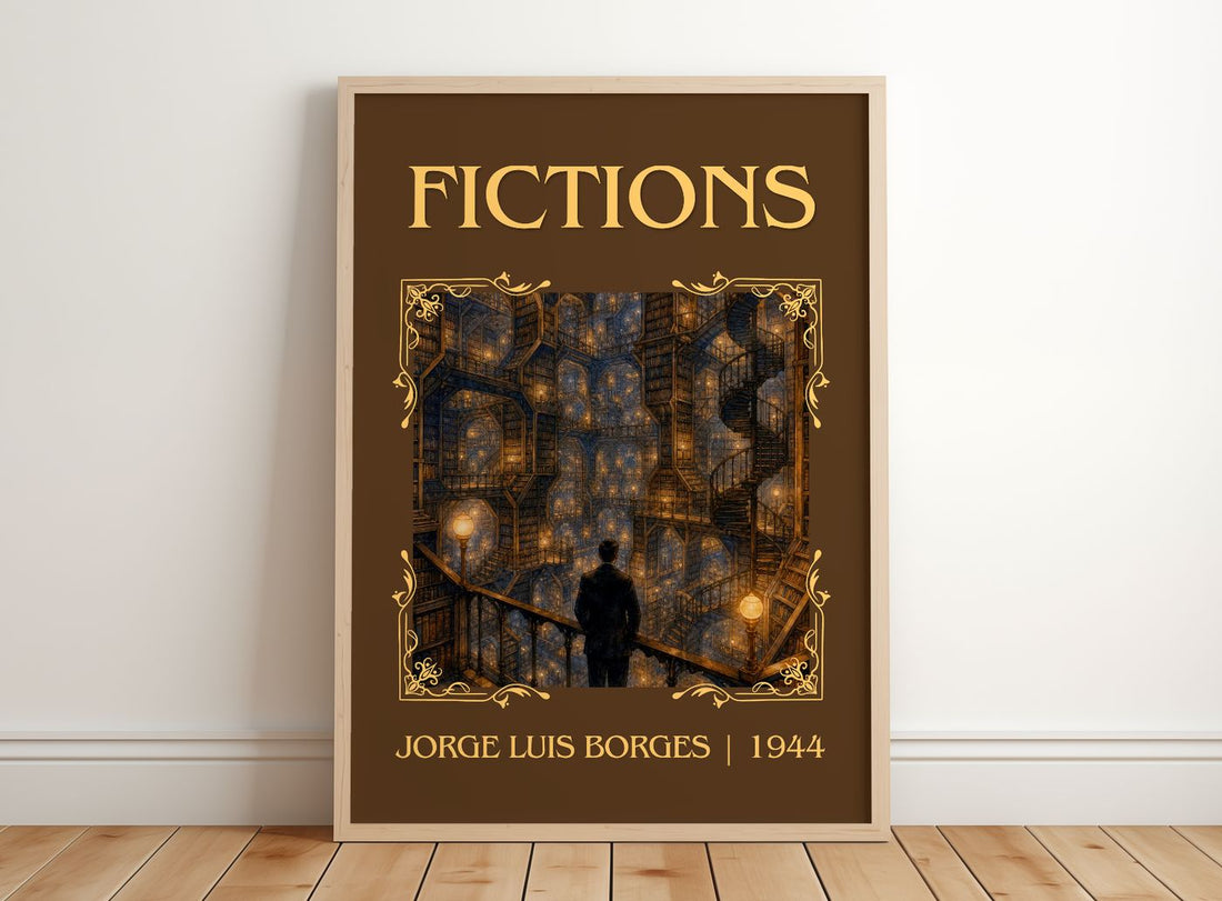 Fictions Classic Book Art Print by Jorge Luis Borges – framed print leaning on a wooden floor