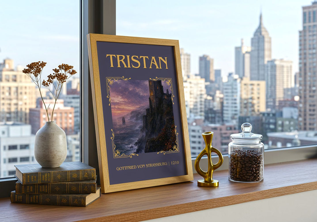 Tristan Classic Book Art Print by Gottfried von Strassburg – framed print on a city-view windowsill
