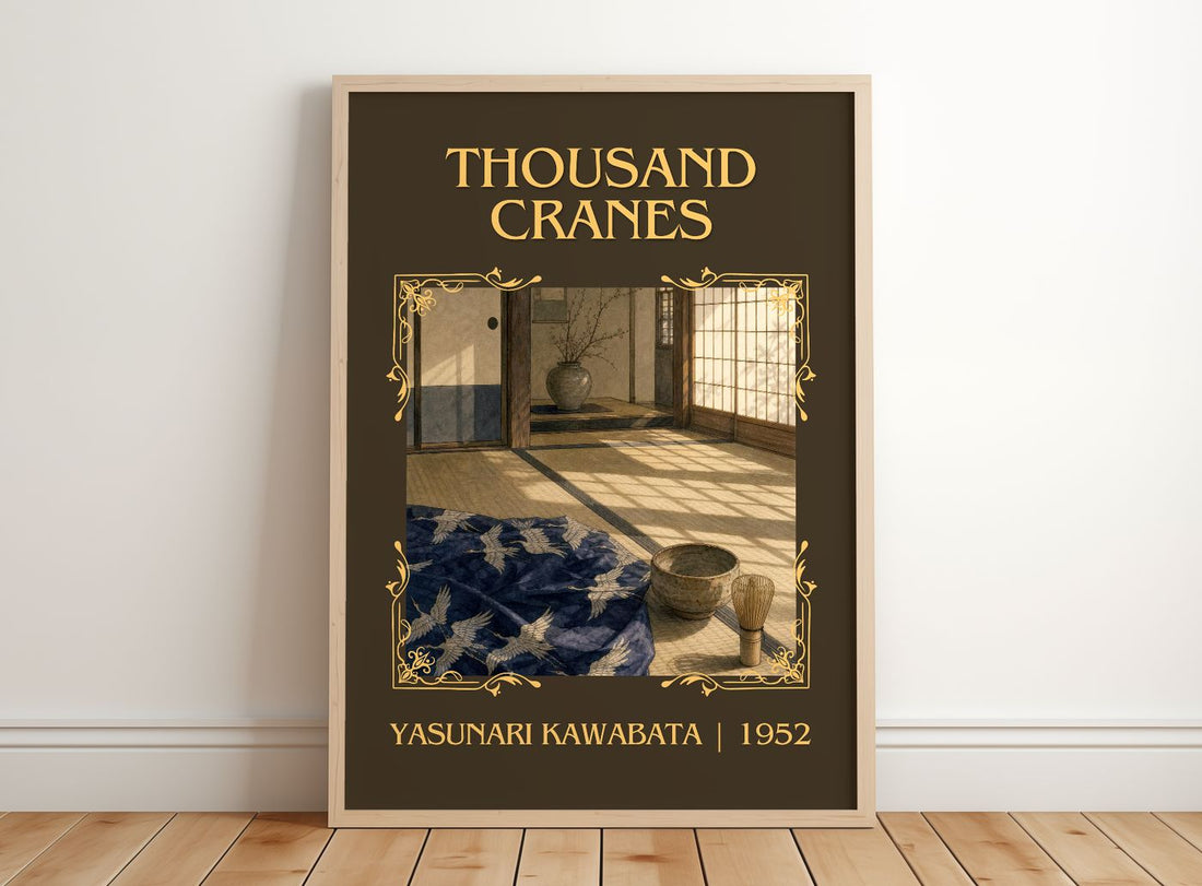Thousand Cranes Classic Book Art Print by Yasunari Kawabata – framed print leaning on a wooden floor