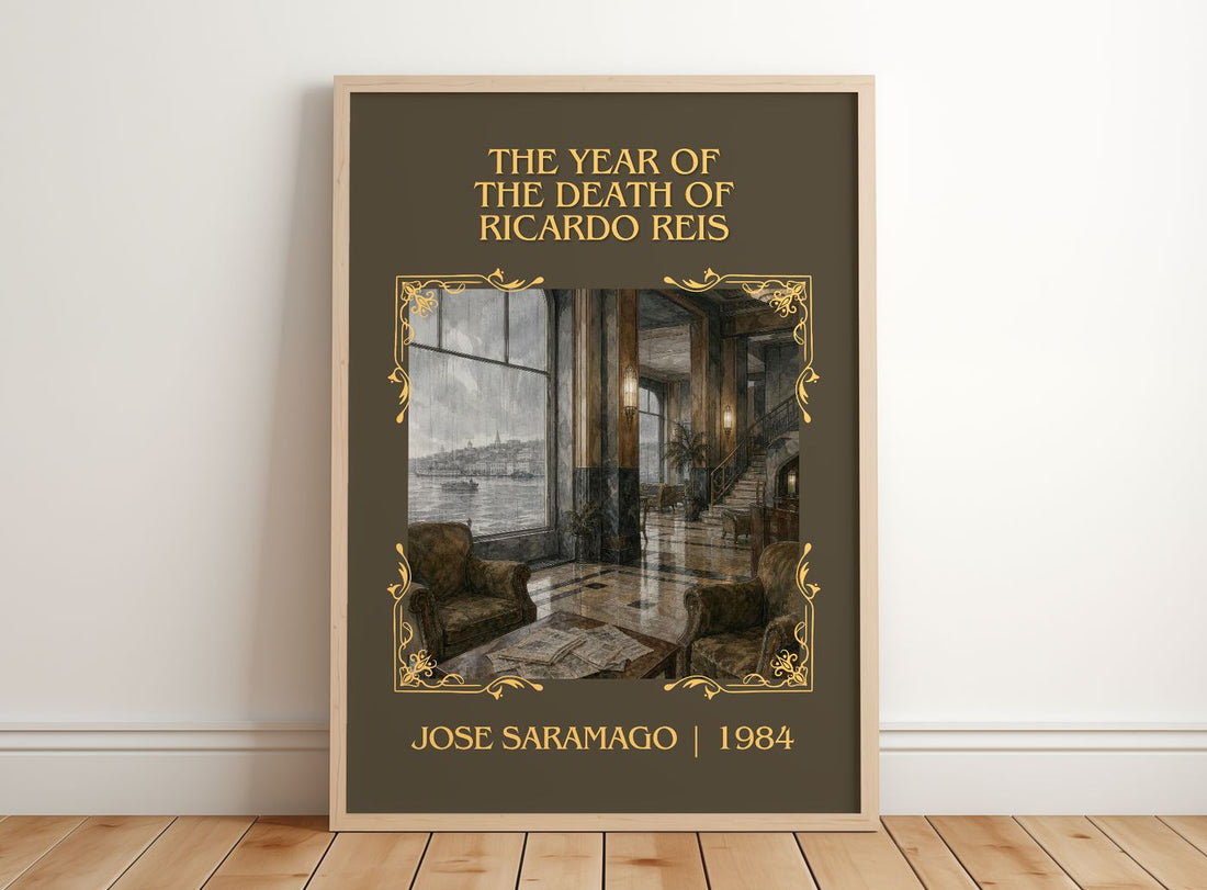 The Year of the Death of Ricardo Reis Classic Book Art Print by José Saramago – framed print leaning on a wooden floor