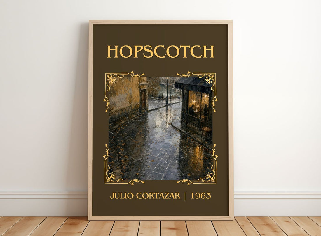 Hopscotch Classic Book Art Print by Julio Cortazar – framed print leaning on a wooden floor