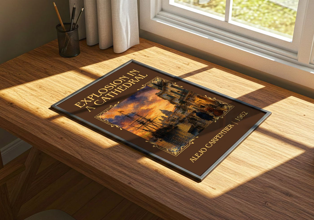 Explosion In A Cathedral Classic Book Art Print by Alejo Carpentier – print on a sunlit desk