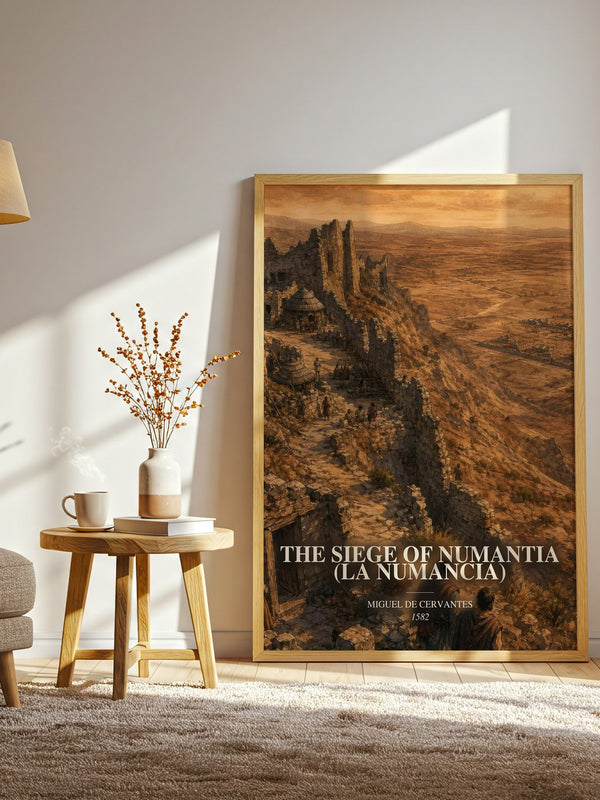The Siege Of Numantia (La Numancia) watercolour print in frame leaning in hallway – classic literature wall art