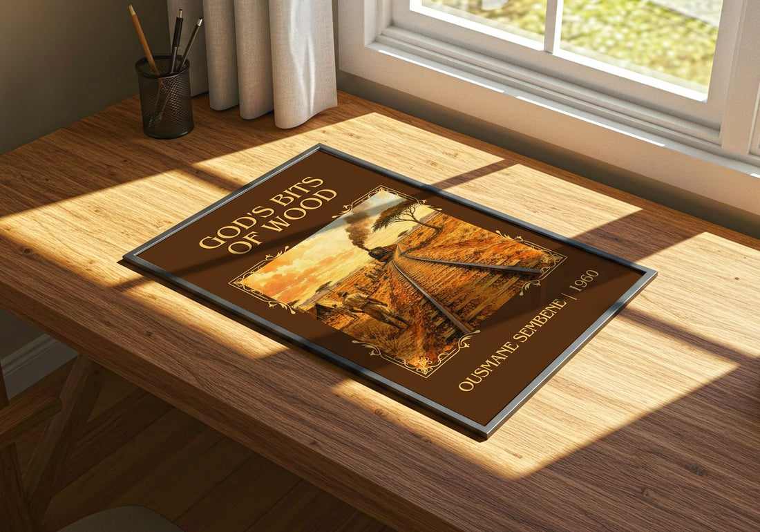 God's Bits of Wood Classic Book Art Print by Ousmane Sembène – print on a sunlit desk