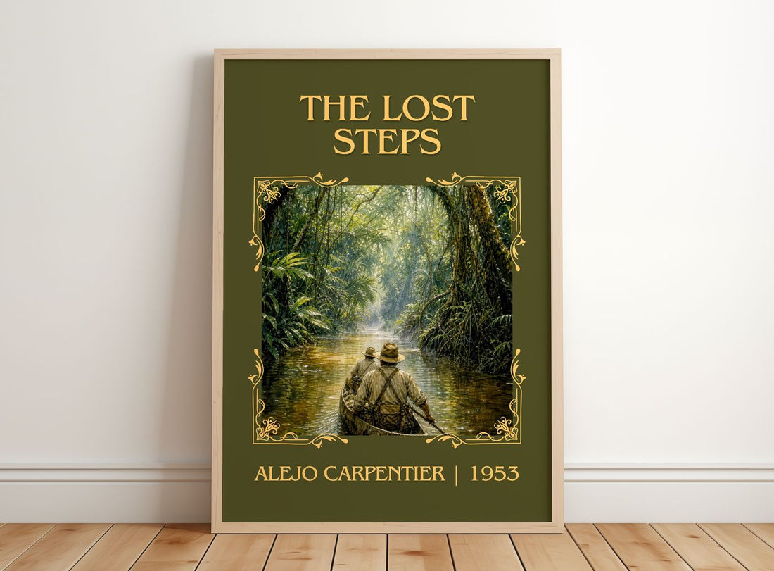 The Lost Steps Classic Book Art Print by Alejo Carpentier – framed print leaning on a wooden floor