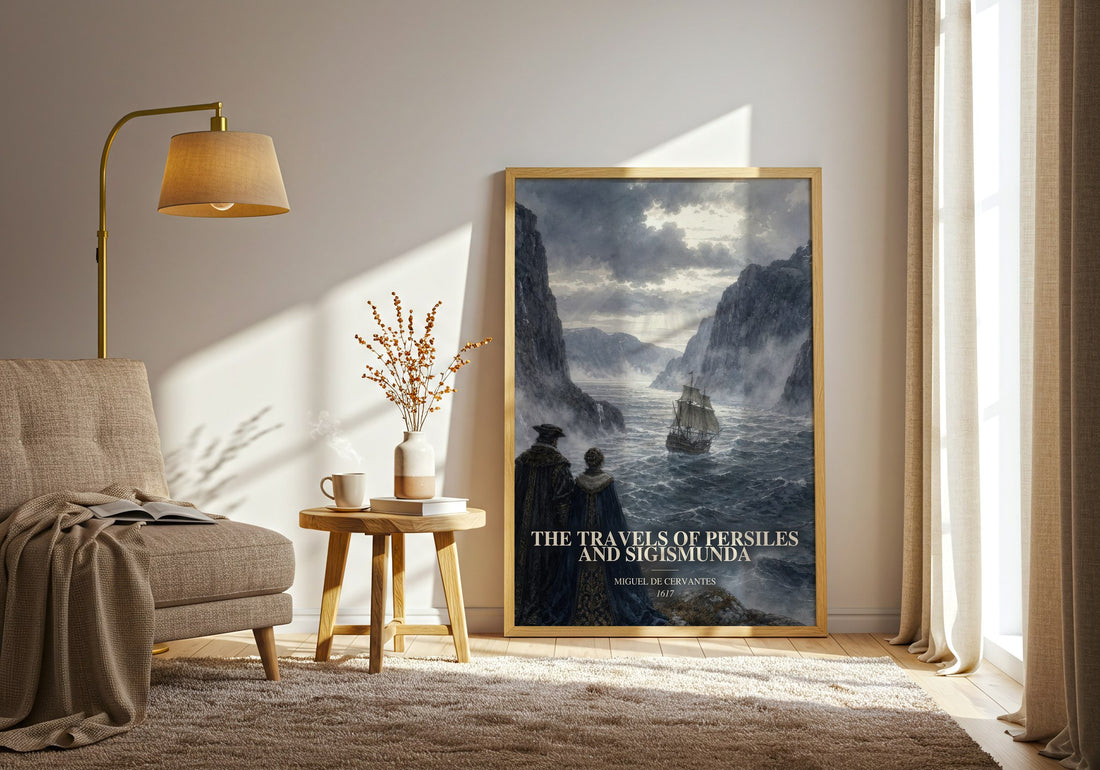 The Travels Of Persiles And Sigismunda watercolour print in frame leaning in hallway – adventure wall art (mockup)