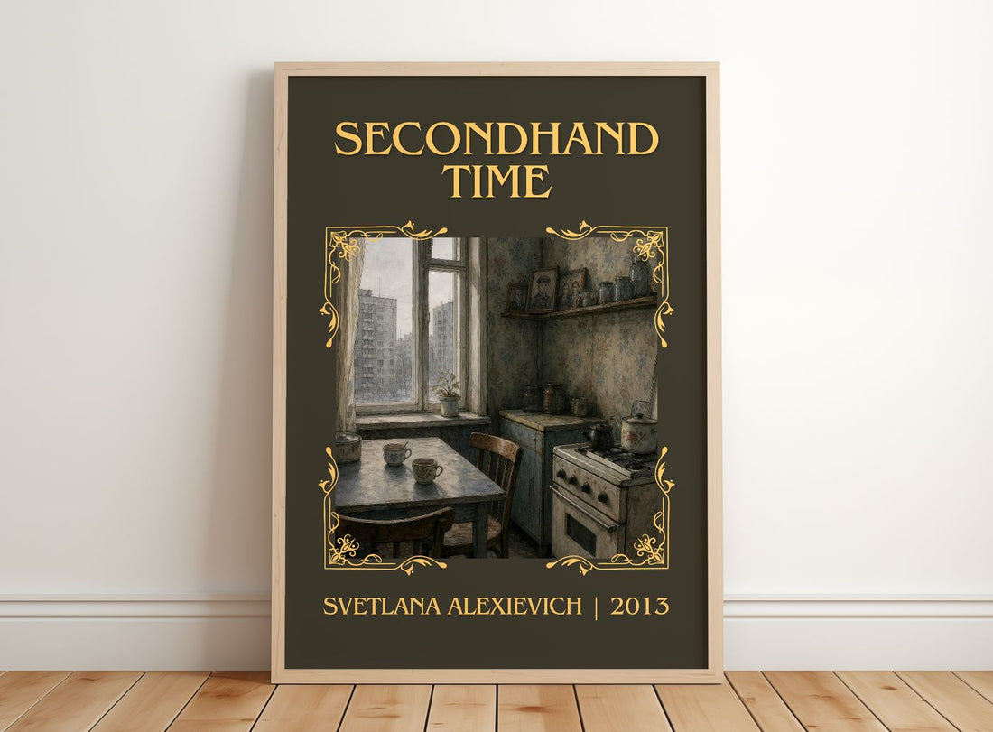 Secondhand Time Classic Book Art Print by Svetlana Alexievich – framed print leaning on a wooden floor