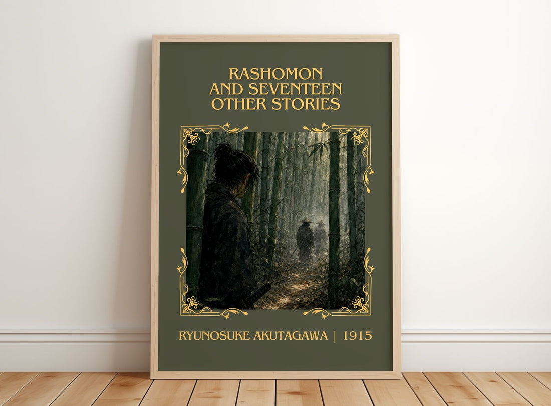 Rashomon and Seventeen Other Stories Classic Book Art Print by Ryunosuke Akutagawa – framed print leaning on a wooden floor