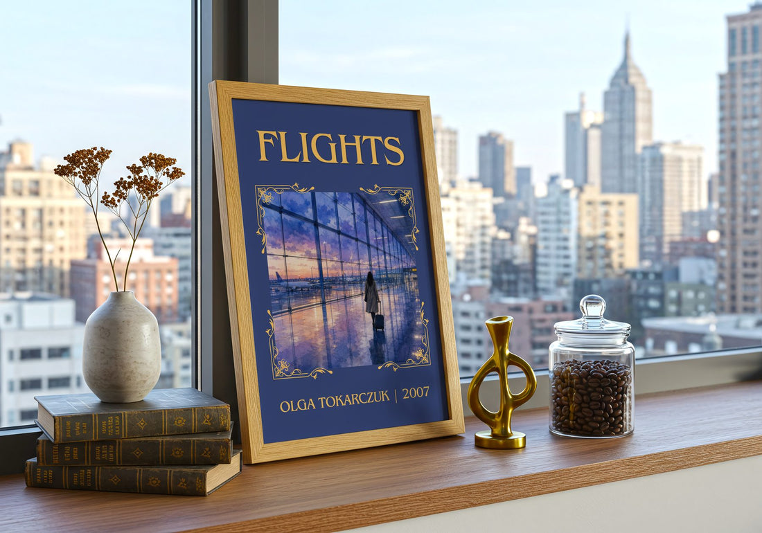 Flights Classic Book Art Print by Olga Tokarczuk – framed print on a city-view windowsill