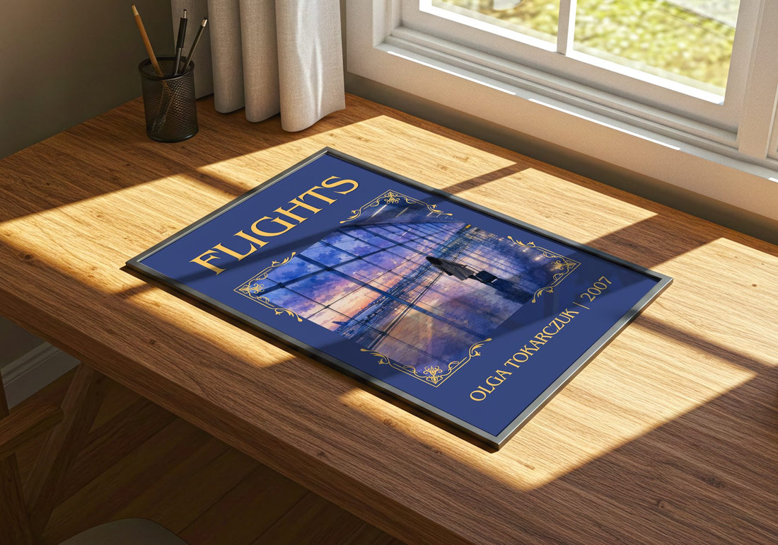 Flights Classic Book Art Print by Olga Tokarczuk – print on a sunlit desk