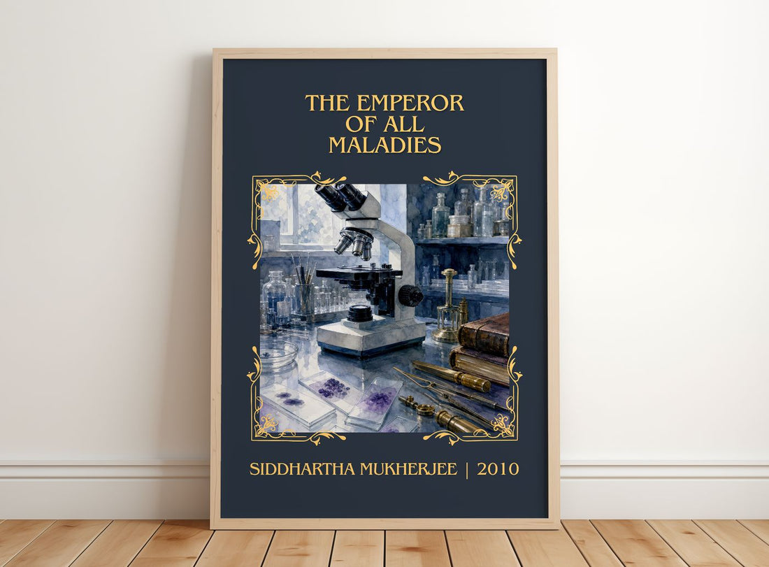 Emperor of All Maladies Classic Book Art Print by Siddhartha Mukherjee – framed print leaning on a wooden floor