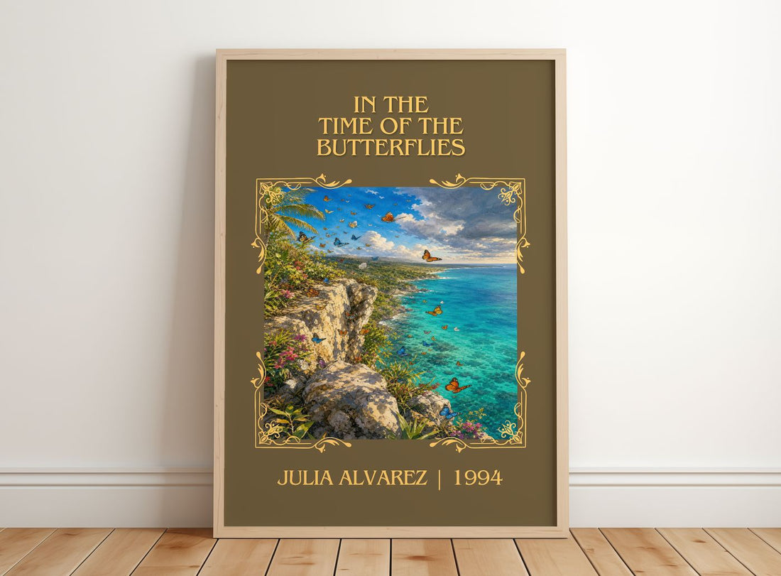 In the Time of the Butterflies Classic Book Art Print by Julia Alvarez – framed print leaning on a wooden floor