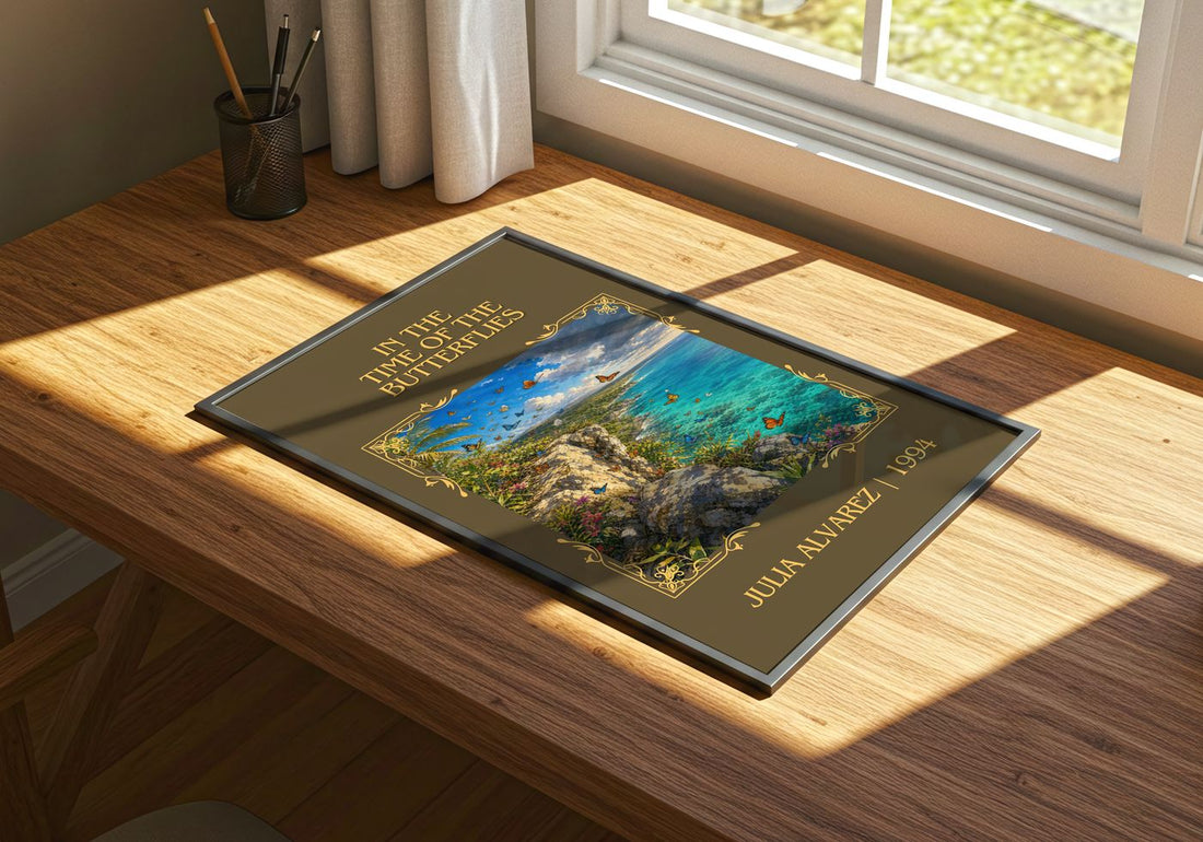 In the Time of the Butterflies Classic Book Art Print by Julia Alvarez – print on a sunlit desk