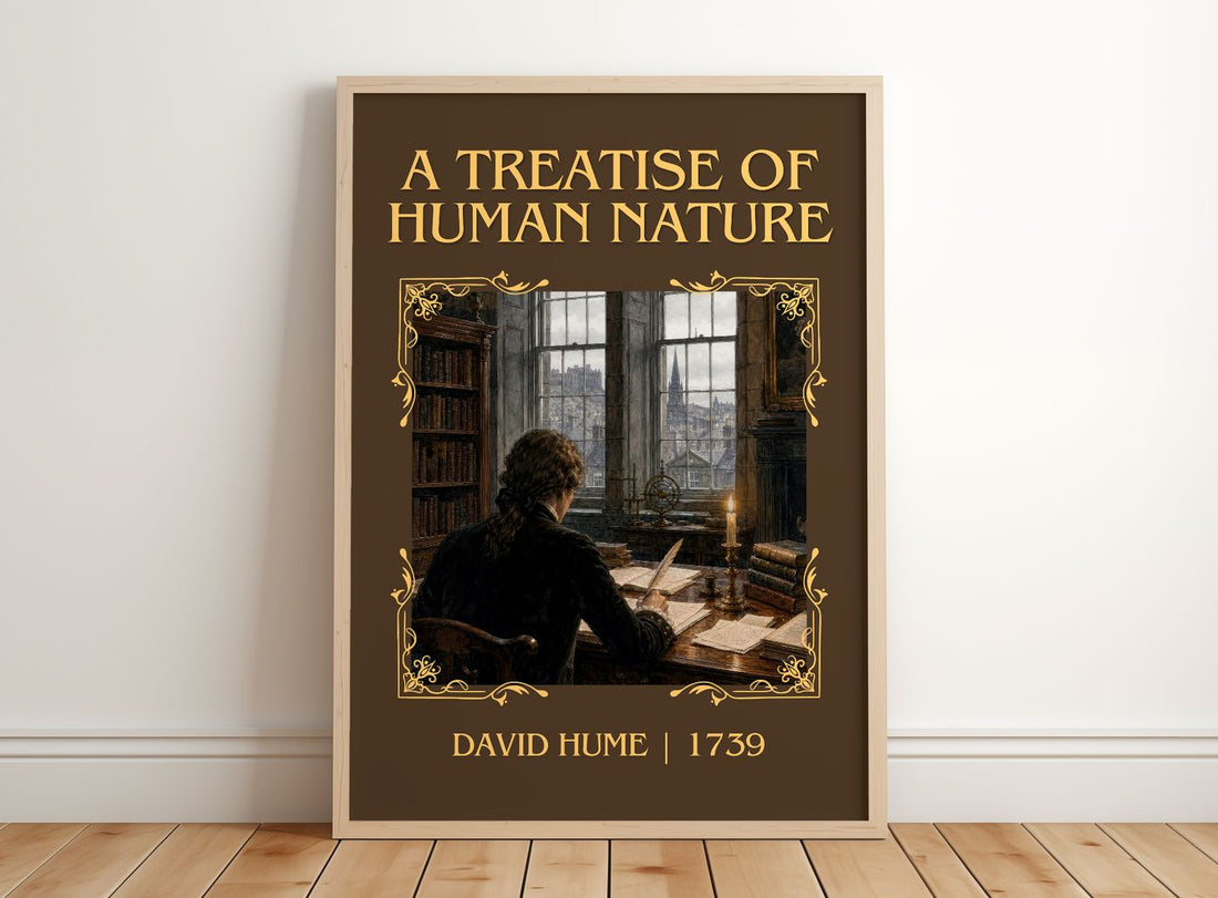 A Treatise of Human Nature Classic Book Art Print by David Hume – framed print leaning on a wooden floor