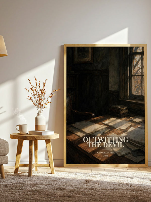 Outwitting The Devil watercolour print in frame leaning in hallway – non fiction wall art