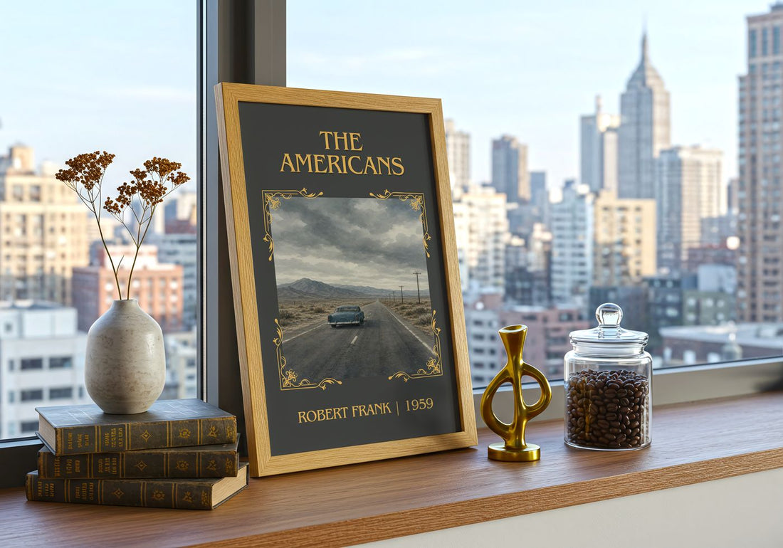 The Americans Classic Book Art Print by Robert Frank – framed print on a city-view windowsill