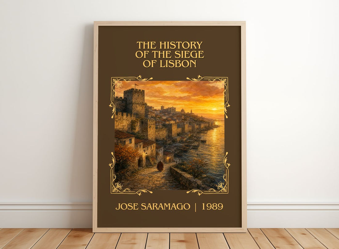 History of the Siege of Lisbon Classic Book Art Print by José Saramago – framed print leaning on a wooden floor