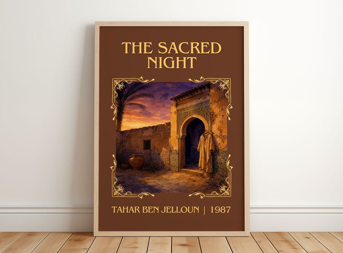 The Sacred Night Classic Book Art Print by Tahar Ben Jelloun – framed print leaning on a wooden floor