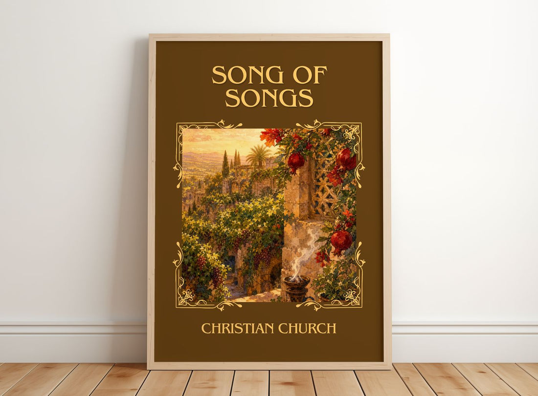 Song of Songs Classic Book Art Print by Christian Church – framed print leaning on a wooden floor