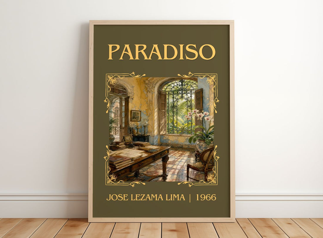 Paradiso Classic Book Art Print by José Lezama Lima – framed print leaning on a wooden floor