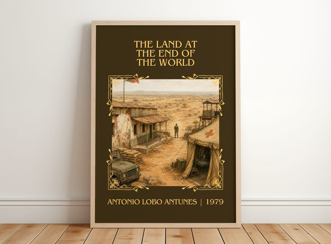 Land At The End Of The World Classic Book Art Print by A. Antunes – framed print leaning on a wooden floor