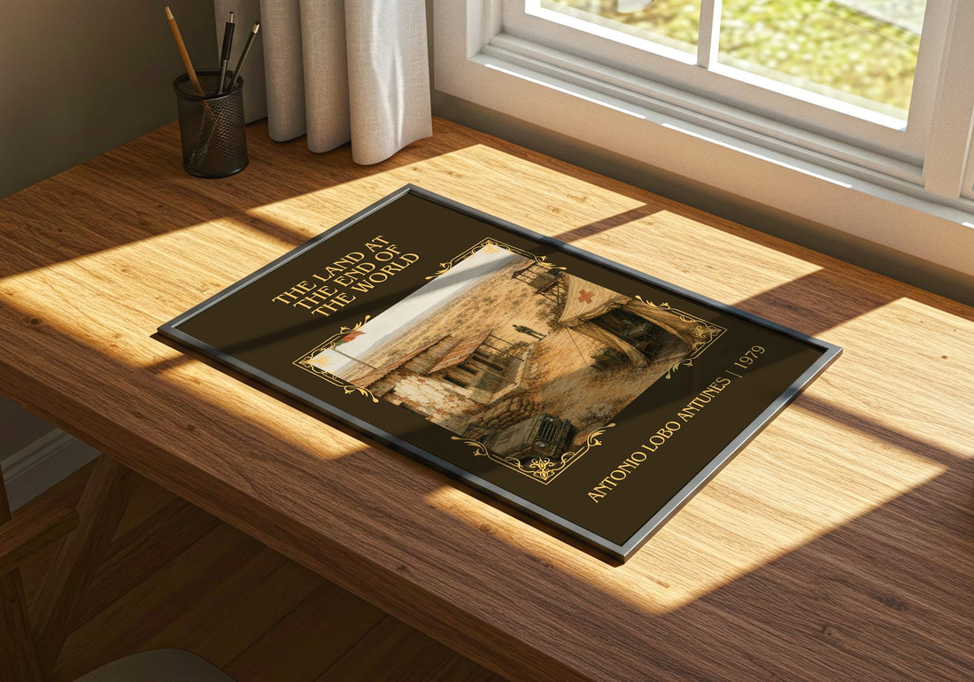 Land At The End Of The World Classic Book Art Print by A. Antunes – print on a sunlit desk