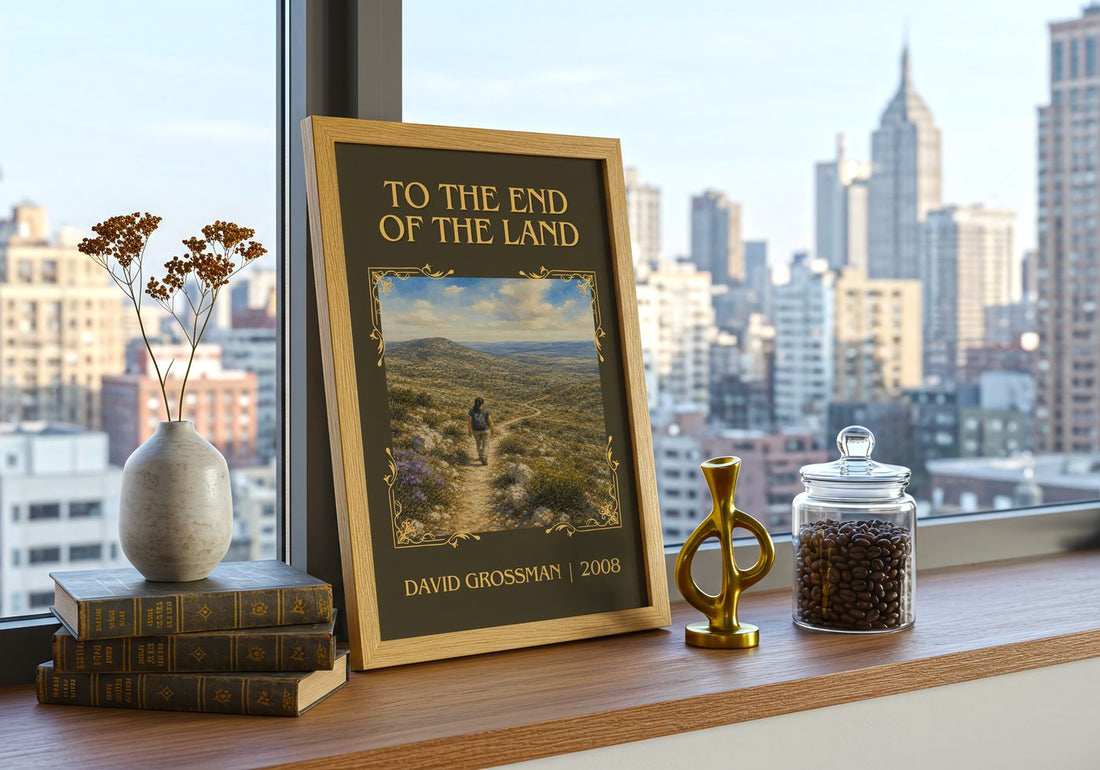 To The End Of The Land Classic Book Art Print by David Grossman – framed print on a city-view windowsill