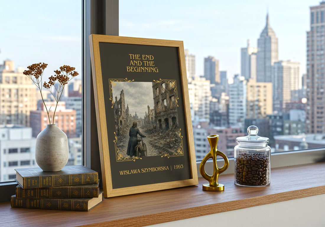 The End And The Beginning Classic Book Art Print by Wislawa Szymborska – framed print on a city-view windowsill