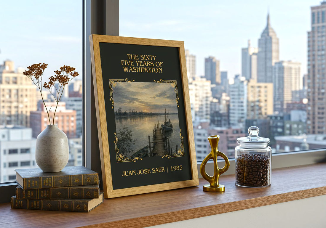Sixty Five Years Of Washington Classic Book Art Print by J. Saer – framed print on a city-view windowsill