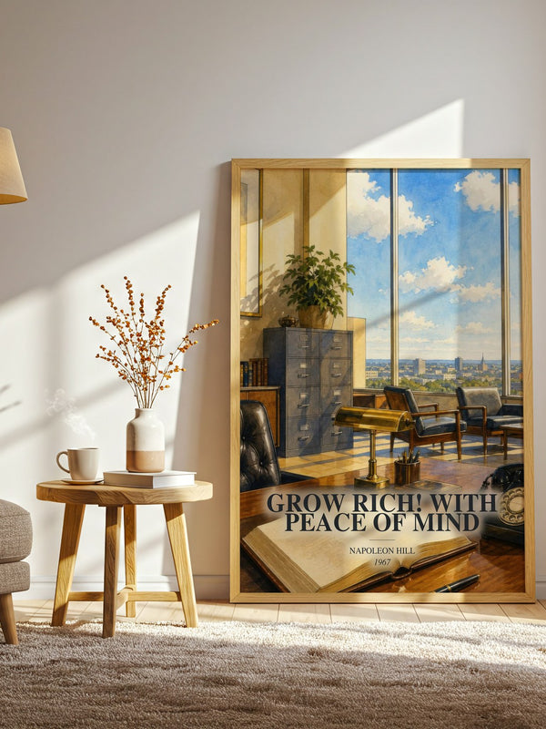 Grow Rich! With Peace Of Mind watercolour print in frame leaning in hallway – non fiction wall art