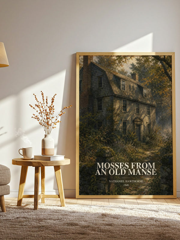 Mosses From An Old Manse watercolour print in frame leaning in hallway – classic literature wall art