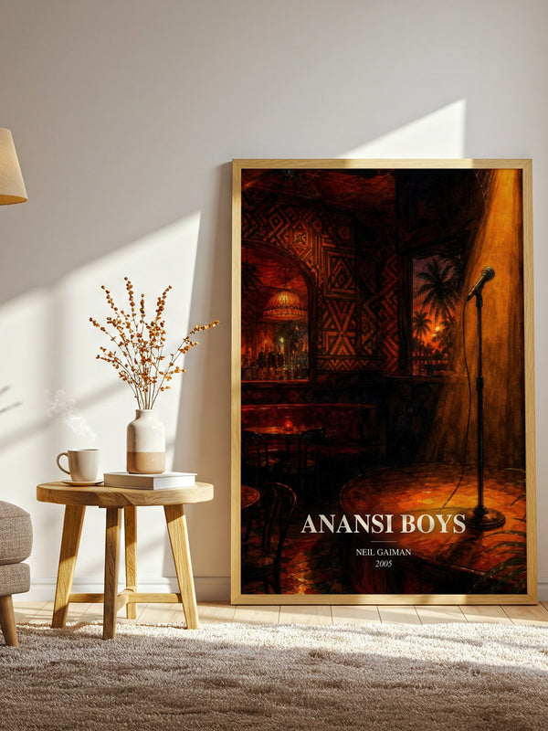 Anansi Boys watercolour print in frame leaning in hallway – fantasy wall art
