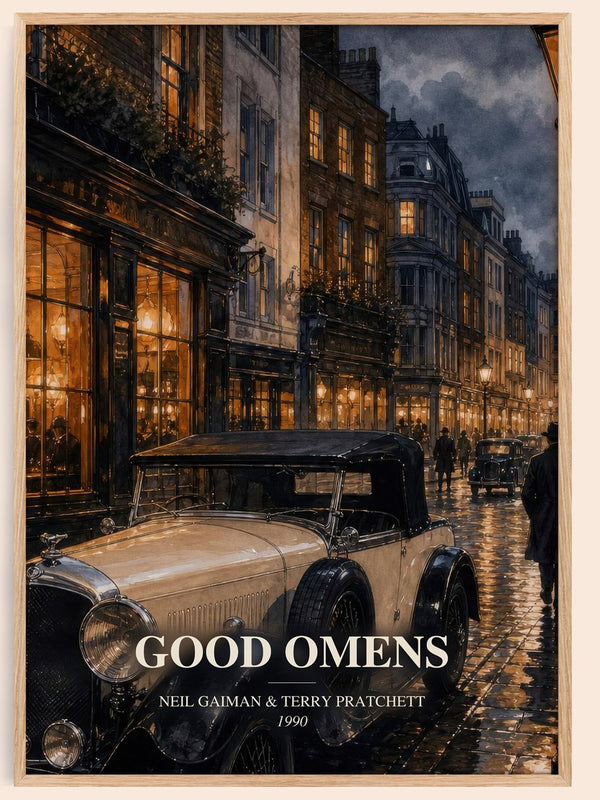 Good Omens watercolour book poster by Neil Gaiman & Terry Pratchett – framed literary art print