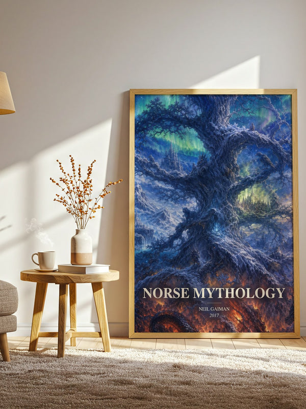 Norse Mythology watercolour print in frame leaning in hallway – fantasy wall art