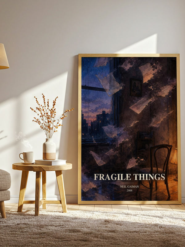 Fragile Things watercolour print in frame leaning in hallway – fantasy wall art