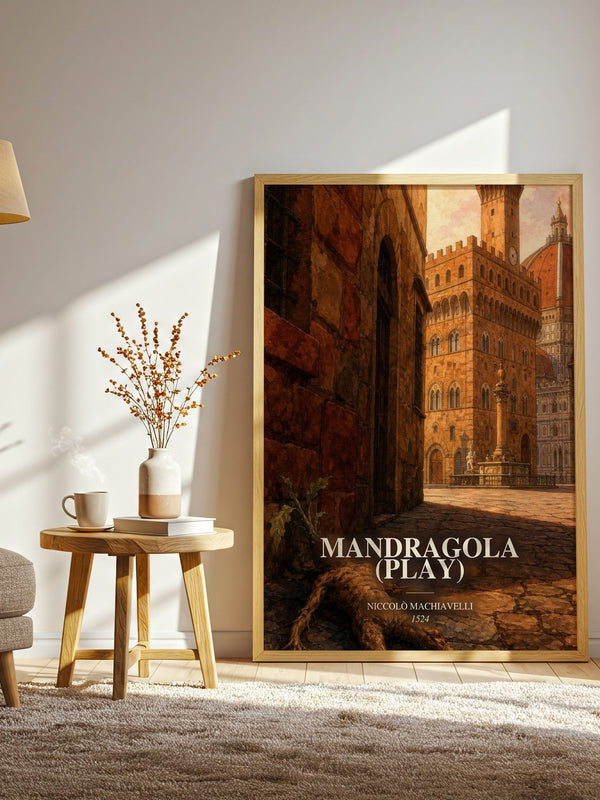 Mandragola (Play) watercolour print in frame leaning in hallway – classic literature wall art