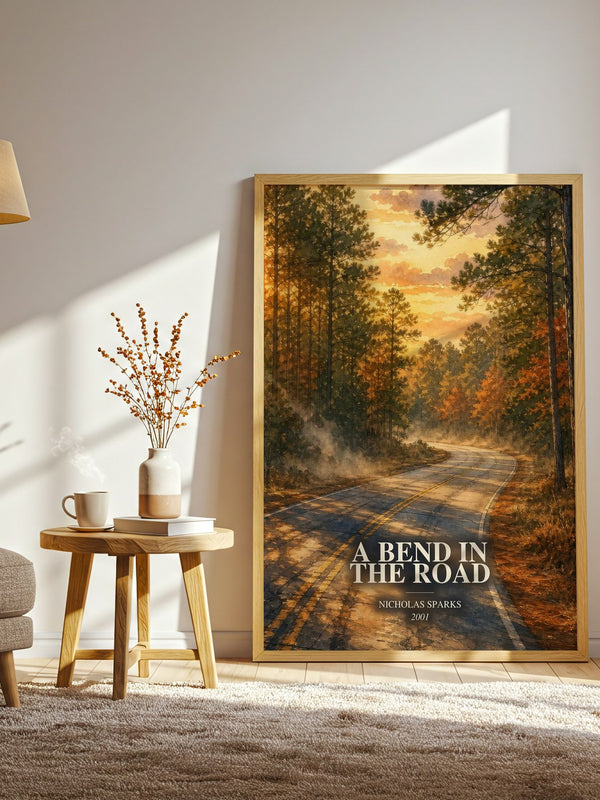 A Bend In The Road watercolour print in frame leaning in hallway – contemporary fiction wall art