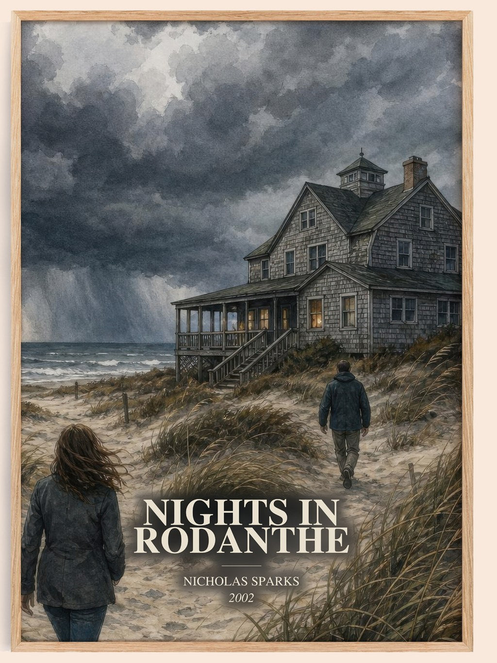 Nights In Rodanthe watercolour book poster by Nicholas Sparks – framed literary art print