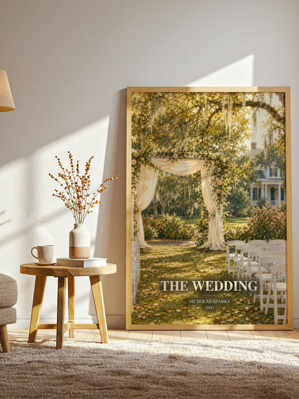 The Wedding watercolour print in frame leaning in hallway – romance wall art